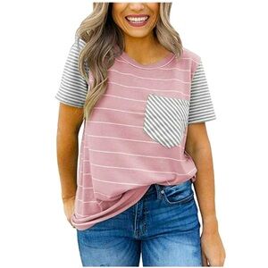 Ceasikery Women's Pink Striped Pocket T-Shirt Short Sleeve Boyfriend Blouse!
